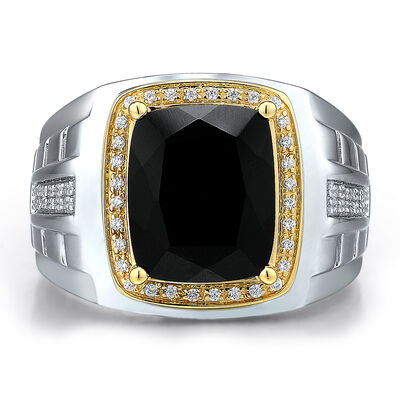 Men’s Onyx and Diamond Ring in Sterling Silver and 10K Yellow Gold (1/7 ct. tw.)