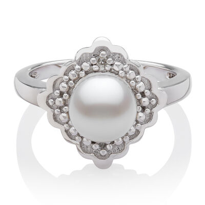 Freshwater Pearl & Diamond Ring in Sterling Silver