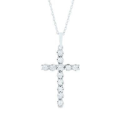 Diamond Cross Pendant with Illusion Settings in 10K White Gold (1/4 ct. tw.)