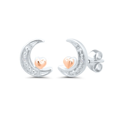 Moon Stud Earrings with Diamond Accents in Sterling Silver