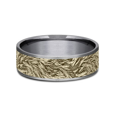 Men’s Tantalum Wedding Band with Lion’s Mane Detail and 14K Yellow Gold, 7.5MM
