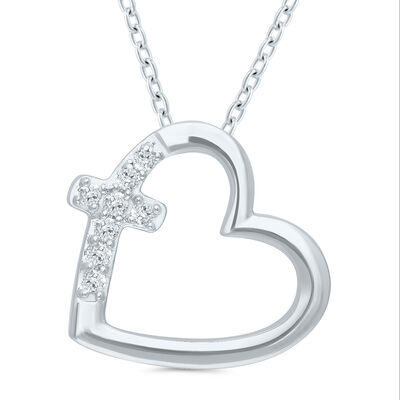 Heart and Cross Diamond Accent Pendant in Sterling Silver