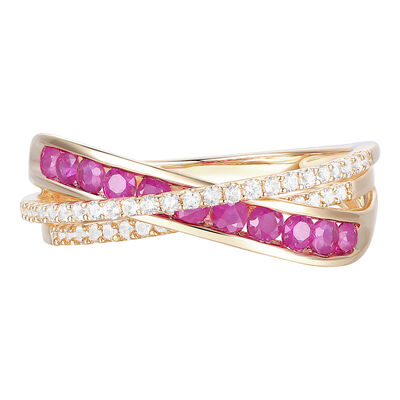 Ruby and Diamond Bypass Band in 10K Yellow Gold (1/4 ct. tw.)