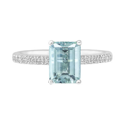 Emerald-Cut Aquamarine Ring with Diamond Side Stones in 14K White Gold (1/3 ct. tw.)