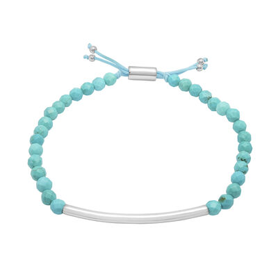 Sterling Silver Bar and Turquoise Bead Bracelet with Adjustable Cord, 8.5”