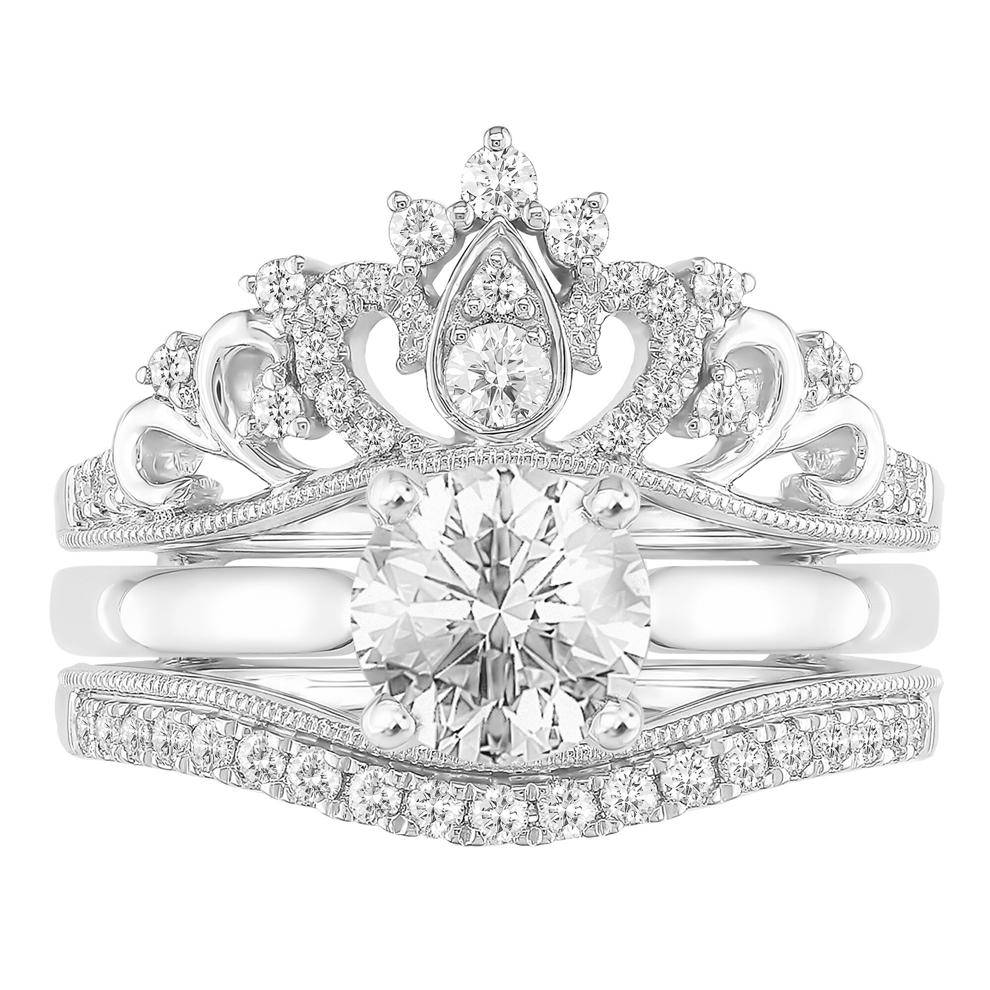 Disney Majestic Princess Inspired Bridal Set Crown Ring 14K White Gold 1/2  CTTW | Enchanted Disney Fine Jewelry