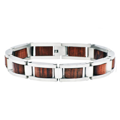 Men’s Link Bracelet in Polished Wood & Stainless Steel