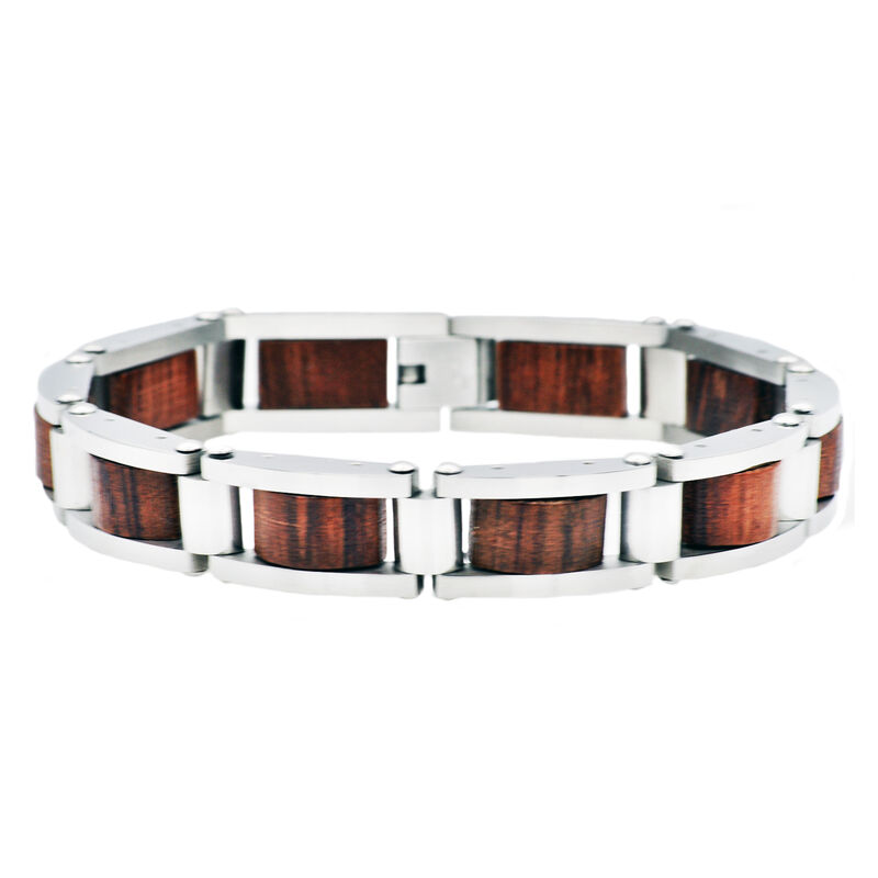 Men&rsquo;s Link Bracelet in Polished Wood &amp; Stainless Steel