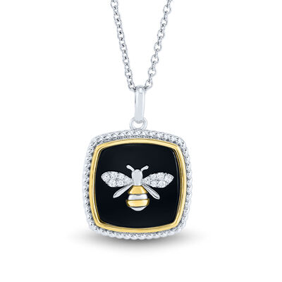 Onyx & Lab Created White Sapphire Bee Pendant in Sterling Silver & 10K Yellow Gold