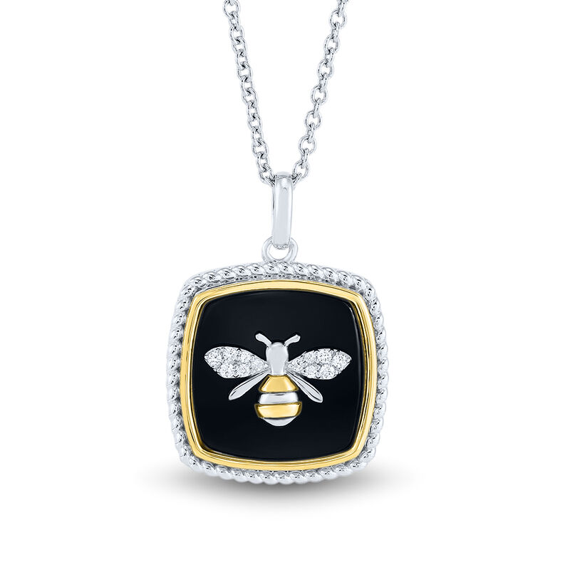 Onyx &amp; Lab Created White Sapphire Bee Pendant in Sterling Silver &amp; 10K Yellow Gold