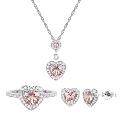Heart-Shaped Lab Created Pink Sapphire Earring, Pendant & Ring Set in Sterling Silver