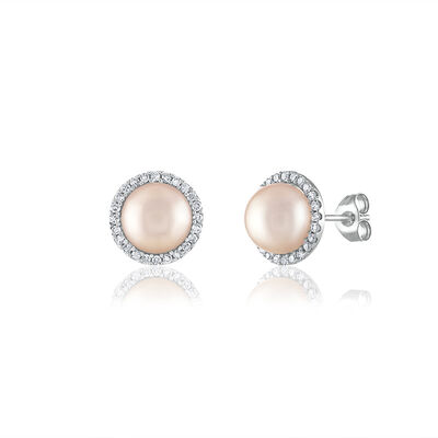 Pink Freshwater Pearl & Diamond Halo Stud Earrings in 14K White Gold (1/4 ct. tw.)