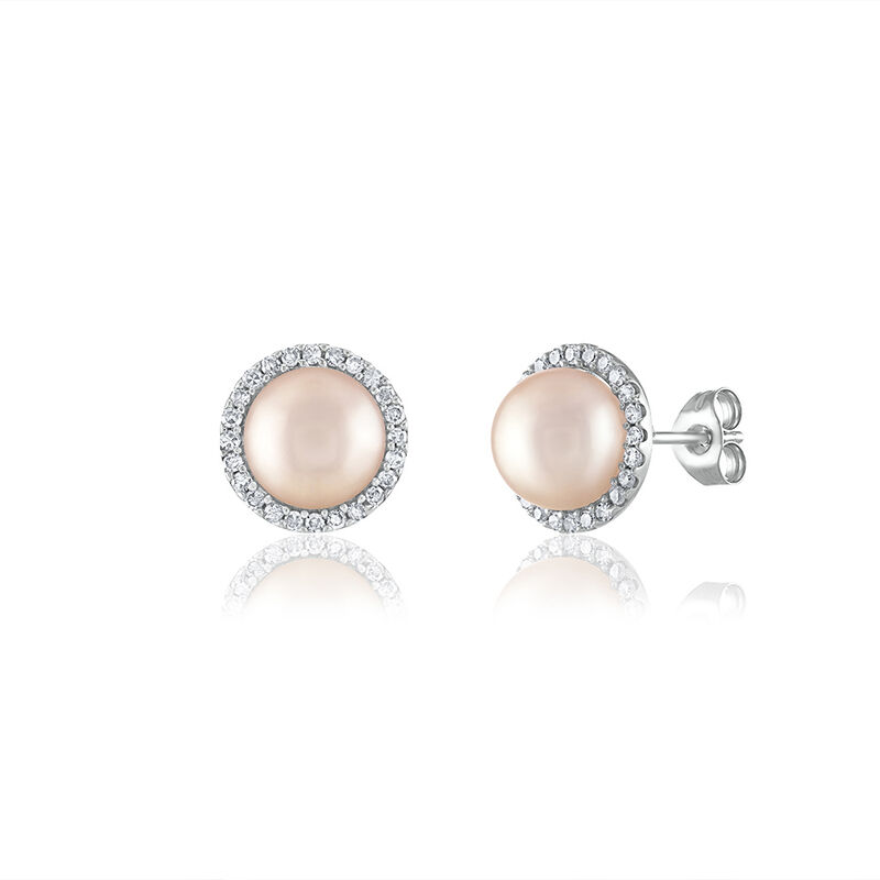 Pink Freshwater Pearl &amp; Diamond Halo Stud Earrings in 14K White Gold &#40;1/4 ct. tw.&#41;