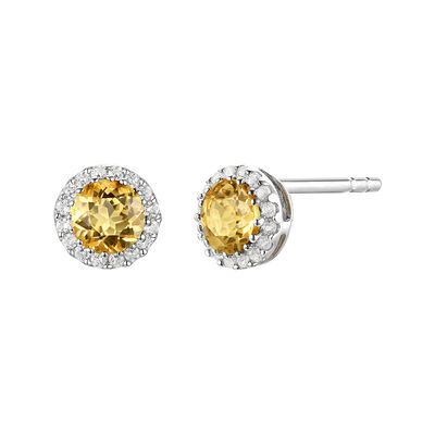 Diamond & Citrine Stud Earrings in 14K White Gold