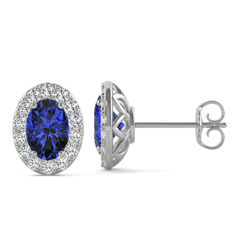 Lab Created Blue Sapphire &amp; Moissanite Halo Earrings in 14K White Gold