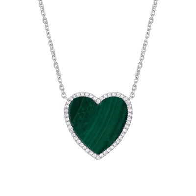 Malachite and Diamond Heart Necklace in Sterling Silver (1/4 ct. tw.)