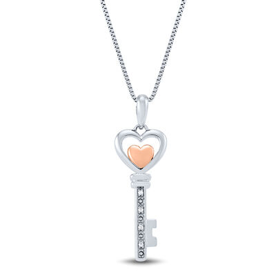 Diamond Heart Key Pendant in Sterling Silver