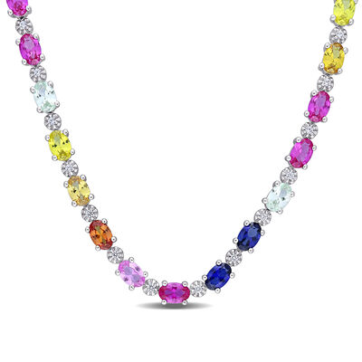 Lab Created Multi-Color Sapphire Tennis Necklace in Sterling Silver