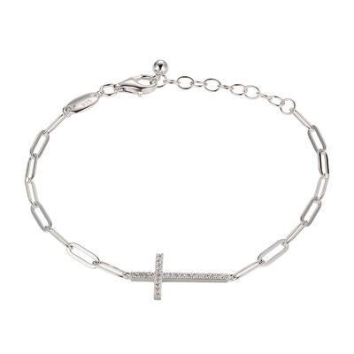 Cross Bracelet with Paperclip Chain in Sterling Silver