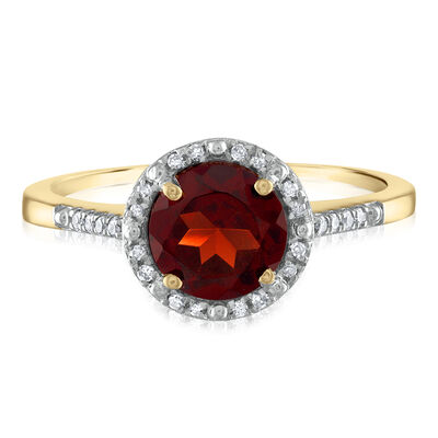 Garnet and Diamond Halo Ring in 10K Yellow Gold (1/7 ct. tw.)