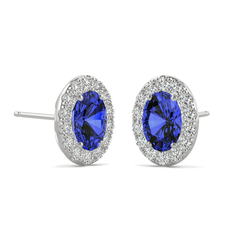 Lab Created Blue Sapphire &amp; Moissanite Halo Earrings in 14K White Gold