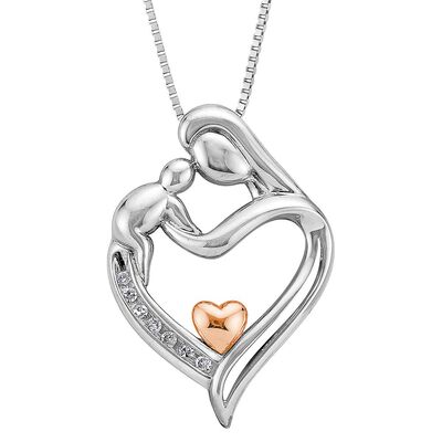 Diamond Mother's Heart Pendant in Sterling Silver & 14K Rose Gold