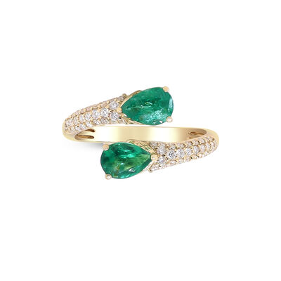 Emerald and Diamond Bypass Ring in 14K Yellow Gold (1/3 ct. tw.)