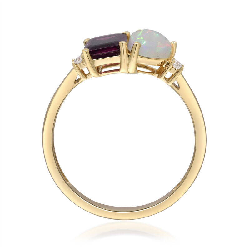 Opal, Rhodolite and Diamond Accent Toi et Moi Ring in 10K Yellow Gold