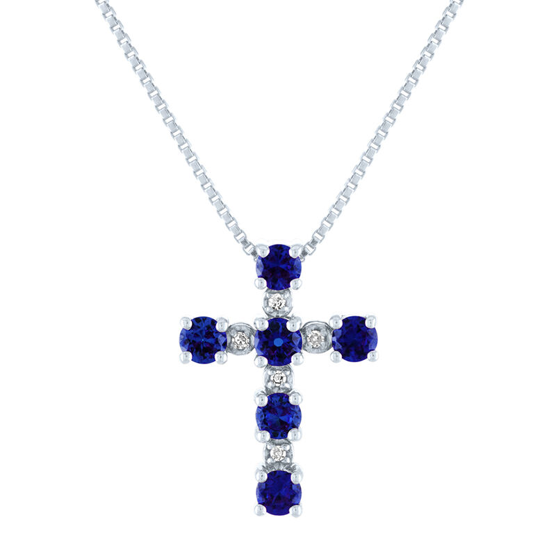 Sapphire &amp; Diamond Cross Pendant in 10K White Gold