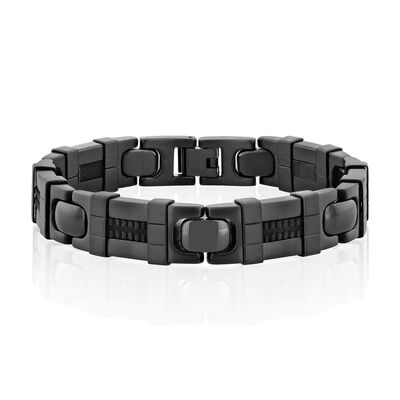 Men’s Link Bracelet with Black Rubber Inlay in Black Ion-Plated Stainless Steel
