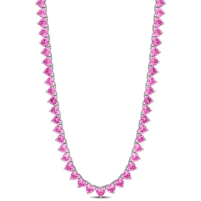 Lab Created Pink Sapphire Heart-Shaped Tennis Necklace