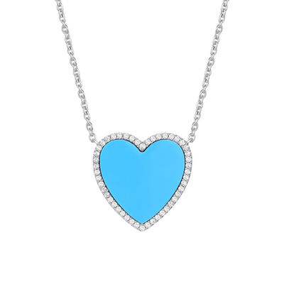 Lab Created Turquoise and Diamond Heart Necklace in Sterling Silver (1/4 ct. tw.)