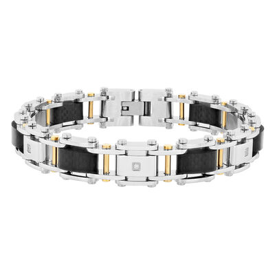 Men’s Link Bracelet with Diamond Accents in Two-Tone Stainless Steel and Forged Carbon, 12MM, 8.5”