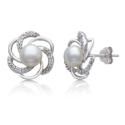Freshwater Cultured Button Pearl Earrings with Diamond Accent in Sterling Silver