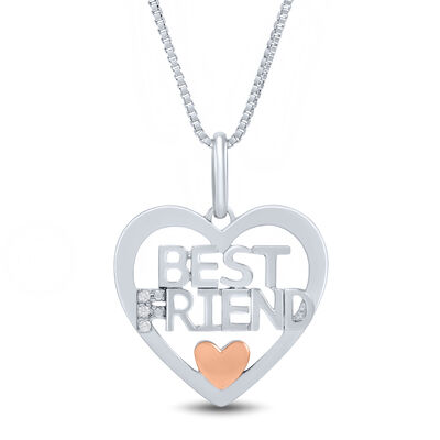 Best Friend Heart Pendant with Diamond Accents in Sterling Silver and 14K Rose Gold