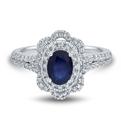 Oval Blue Sapphire & Diamond Halo Ring in 14K White Gold (1/2 ct. tw.)