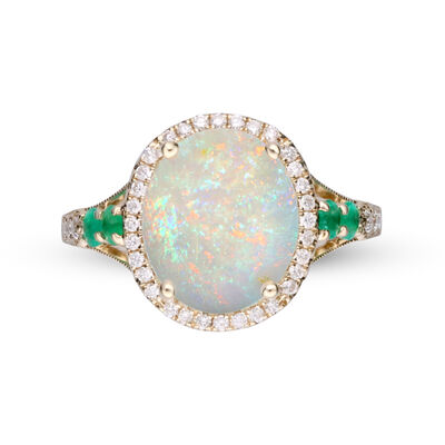 Opal and Emerald Ring in 14K Yellow Gold (1/5 ct. tw.)
