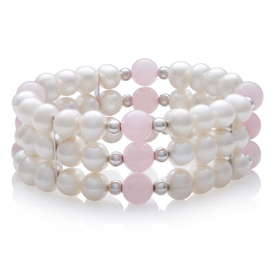 Freshwater Pearl and Pink Quartz Bracelet in Sterling Silver