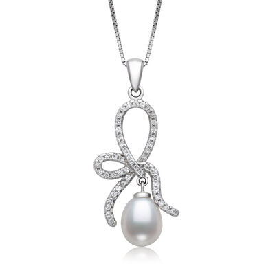 Teardrop Cultured Freshwater Pearl and Lab Created White Sapphire Pendant in Sterling Silver
