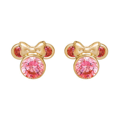 Pink Cubic Zirconia Minnie Mouse Earrings in 14K Yellow Gold