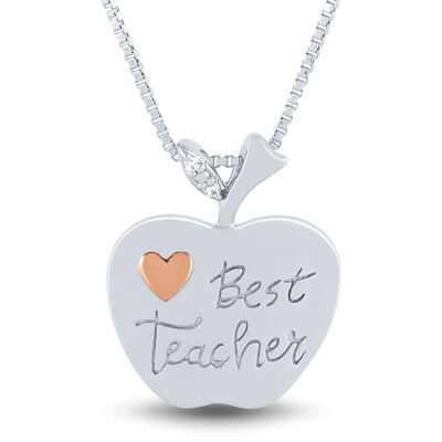 Diamond Accent Best Teacher Apple Pendant in Sterling Silver and 14K Rose Gold