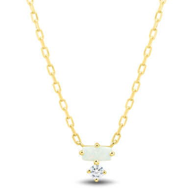 Lab Grown Diamond Accent and Lab-Created Opal Necklace in 10K Yellow Gold