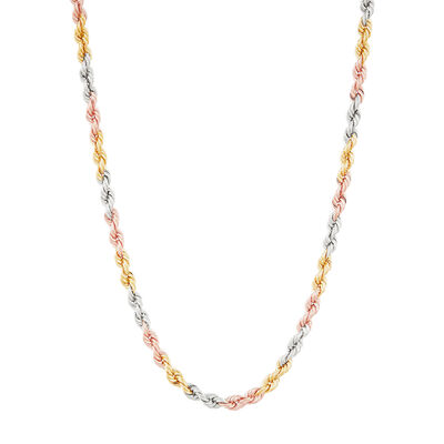Tricolor Twisted Rope Chain in 10K Yellow, White & Rose Gold, 3MM, 18”