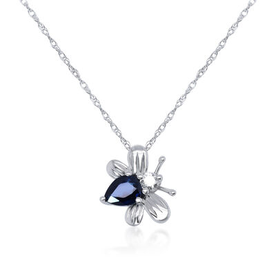 Pear-Shaped Blue Sapphire & Diamond Bee Pendant in 10K White Gold
