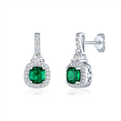 Lab-Created Emerald and Lab-Created White Sapphire Halo Earrings in Sterling Silver