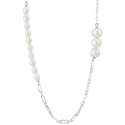 Cultured Freshwater Pearl Paperclip Chain Necklace in Sterling Silver