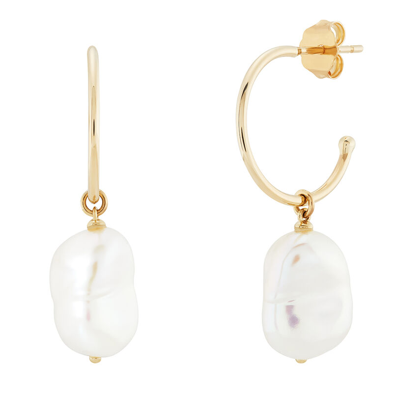Keshi Pearl Drop Hoop Earrings in 10K Yellow Gold