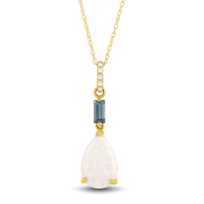 Pear-Shaped Lab-Created Opal Pendant with London Blue Topaz & Diamond Accents in 10K Yellow Gold 