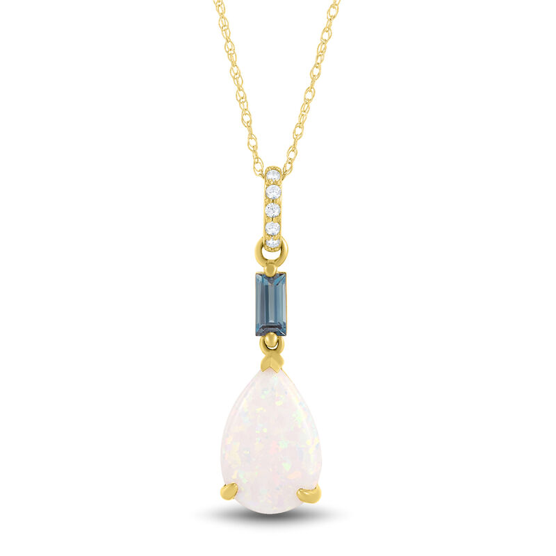 Pear-Shaped Lab-Created Opal Pendant with London Blue Topaz &amp; Diamond Accents in 10K Yellow Gold 