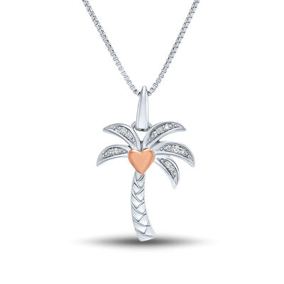 Diamond Palm Tree Pendant with Heart Accent in Sterling Silver & 14K Rose Gold